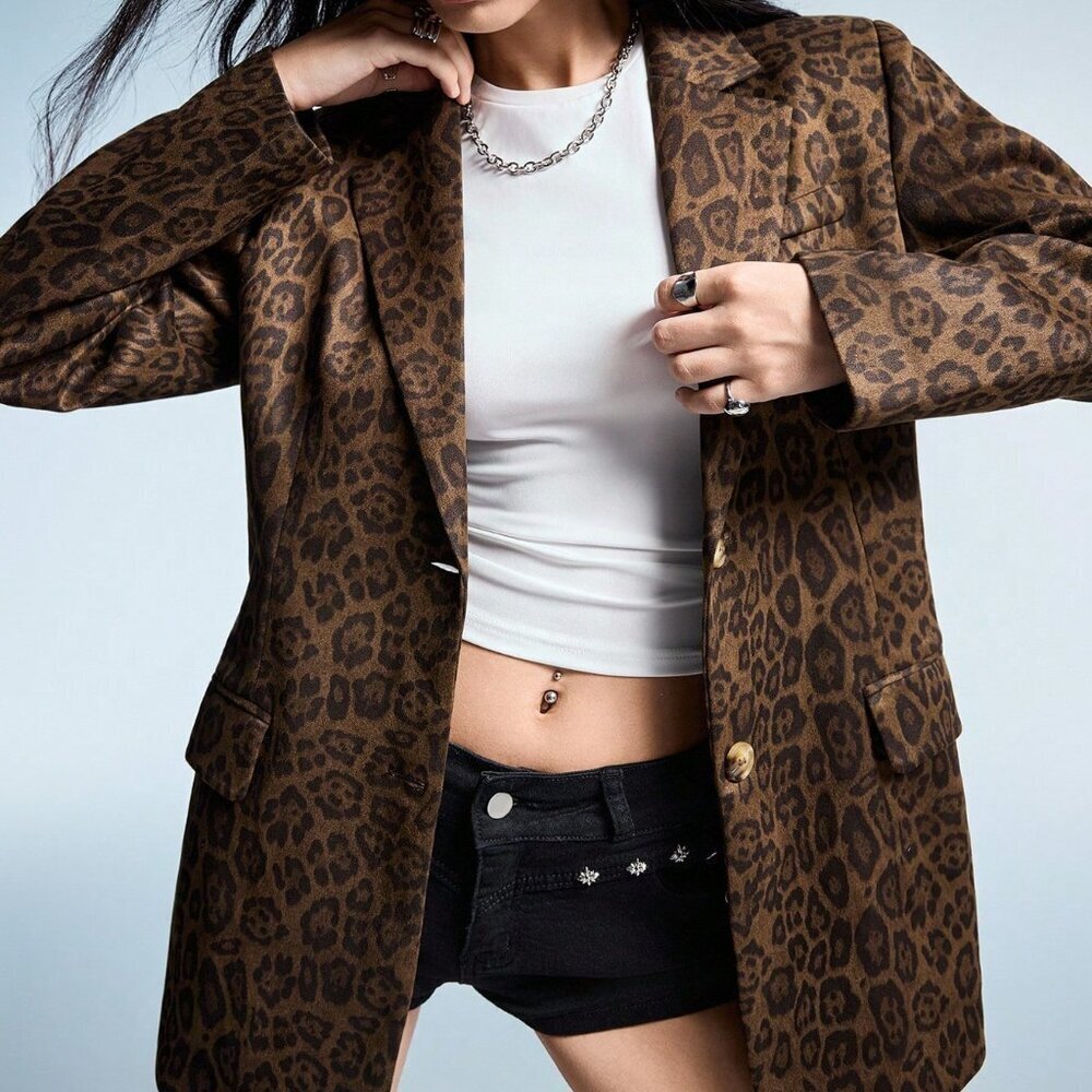Multicolor Casual Women's Leopard Print Blazer Jacket - Picture 5 of 8